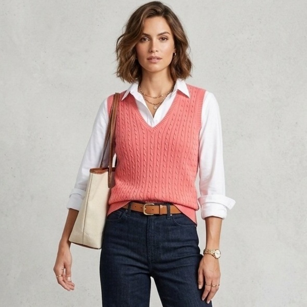 LL Bean Cable Knit Sweater Vest Womens Medium Coral Pink Cotton Preppy Coastal